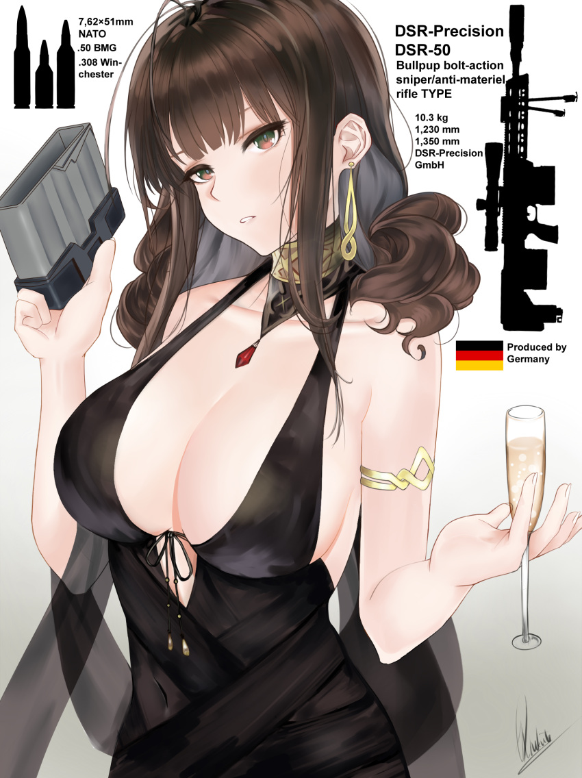 1girl, ahoge, alcohol, alternate_costume, armlet, bangs, bare_shoulders, black_dress, blunt_bangs, blush, breasts, brown_hair, champagne_flute, choker, cleavage, collarbone, cup, dress, drinking_glass, dsr-50_(girls_frontline), earrings, flower, german_flag, girls_frontline, head_tilt, highres, holding, holding_drinking_glass, information_sheet, jewelry, large_breasts, long_hair, looking_at_viewer, magazine_(weapon), parted_lips, petals, piukute062, red_eyes, ruby_(stone), shawl, sidelocks, signature, skindentation, smile, solo, upper_body