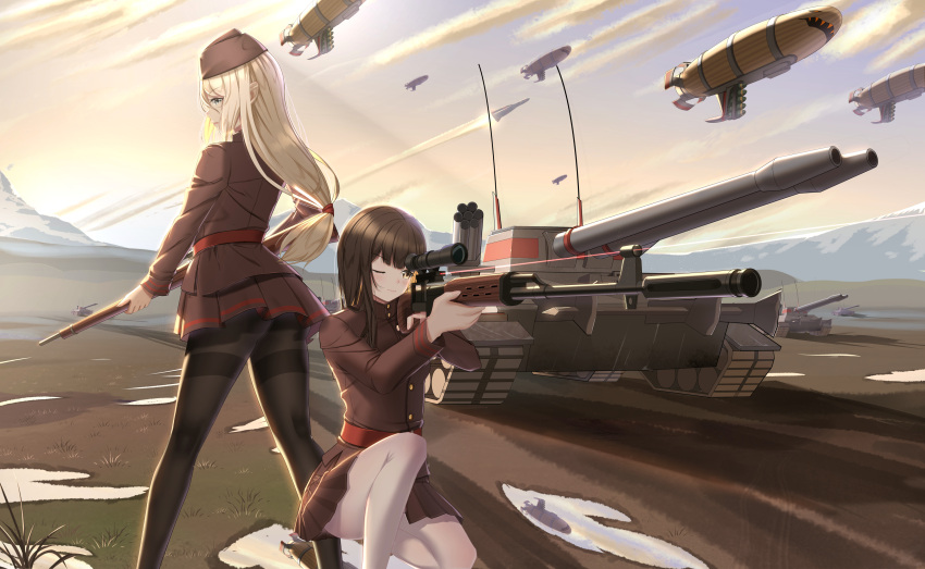 2girls, absurdres, apocalypse_(command_&amp;_conquer:red_alert_2), battlefield, black_hair, black_legwear, caterpillar_tracks, command_and_conquer