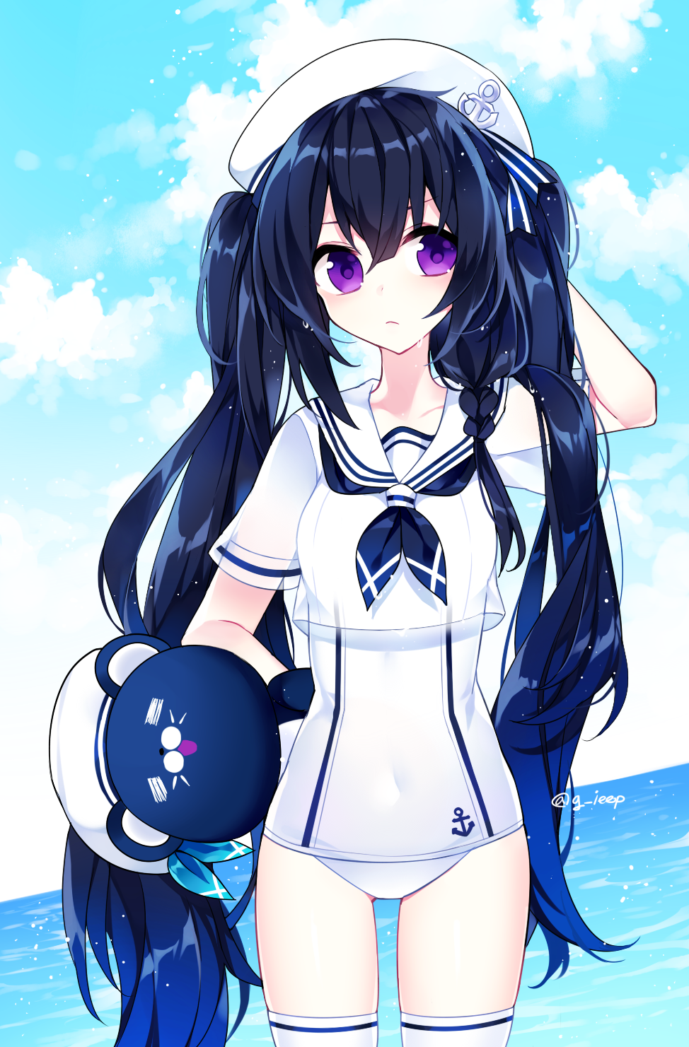 1girl, aisha_(elsword), anchor, anchor_symbol, bangs, beret, black_hair, black_neckwear, blue_sky, braid, casual_one-piece_swimsuit, clouds, cloudy_sky, commentary, day, elsword, g_ieep, hair_between_eyes, hat, highres, horizon, long_hair, neckerchief, ocean, one-piece_swimsuit, outdoors, sailor_collar, school_uniform, serafuku, shirt, short_sleeves, sidelocks, sky, solo, swimsuit, symbol_commentary, thghhighs, twintails, twitter_username, very_long_hair, violet_eyes, water, white_hat, white_legwear, white_sailor_collar, white_shirt, white_swimsuit