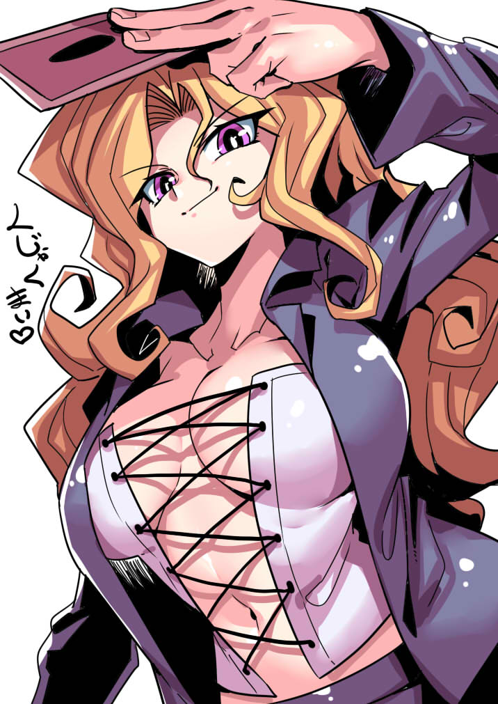 1girl, arm_up, blonde_hair, breasts, card, coat, corset, heart