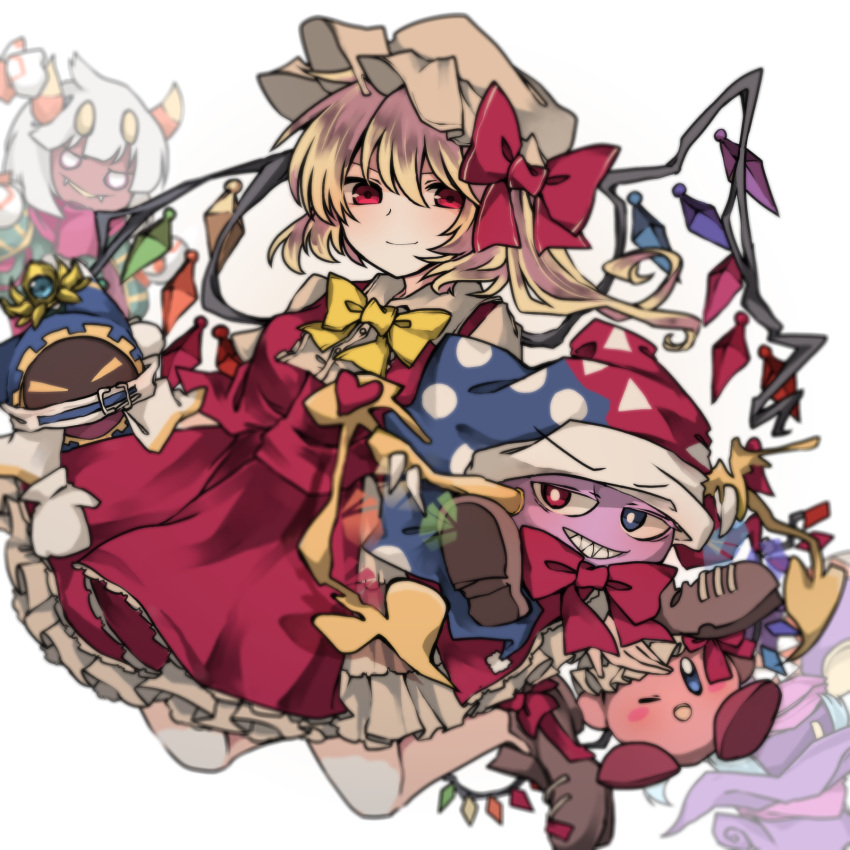 1other, 2girls, 3boys, ;<, bangs, blonde_hair, blue_eyes, blush, bow, brown_footwear, brown_shoes, closed_mouth, commentary_request, crossover, crystal, disembodied_limb, drawcia, dress, fangs, flandre_scarlet, frilled_dress, frills, hat, heart, heterochromia, highres, hood, horns, jester_hat, kirby, kirby_(series), looking_at_viewer, magolor, marx, master_crown, mob_cap, multicolored, multicolored_clothes, multicolored_hat, multiple_girls, one_eye_closed, open_mouth, petticoat, polka_dot, red_bow, red_dress, red_eyes, sato_imo, short_hair, shoulder_pad, side_ponytail, skirt, smile, sneer, taranza, touhou, triangle, white_background, white_hat, wings, yellow_bow, yellow_neckwear