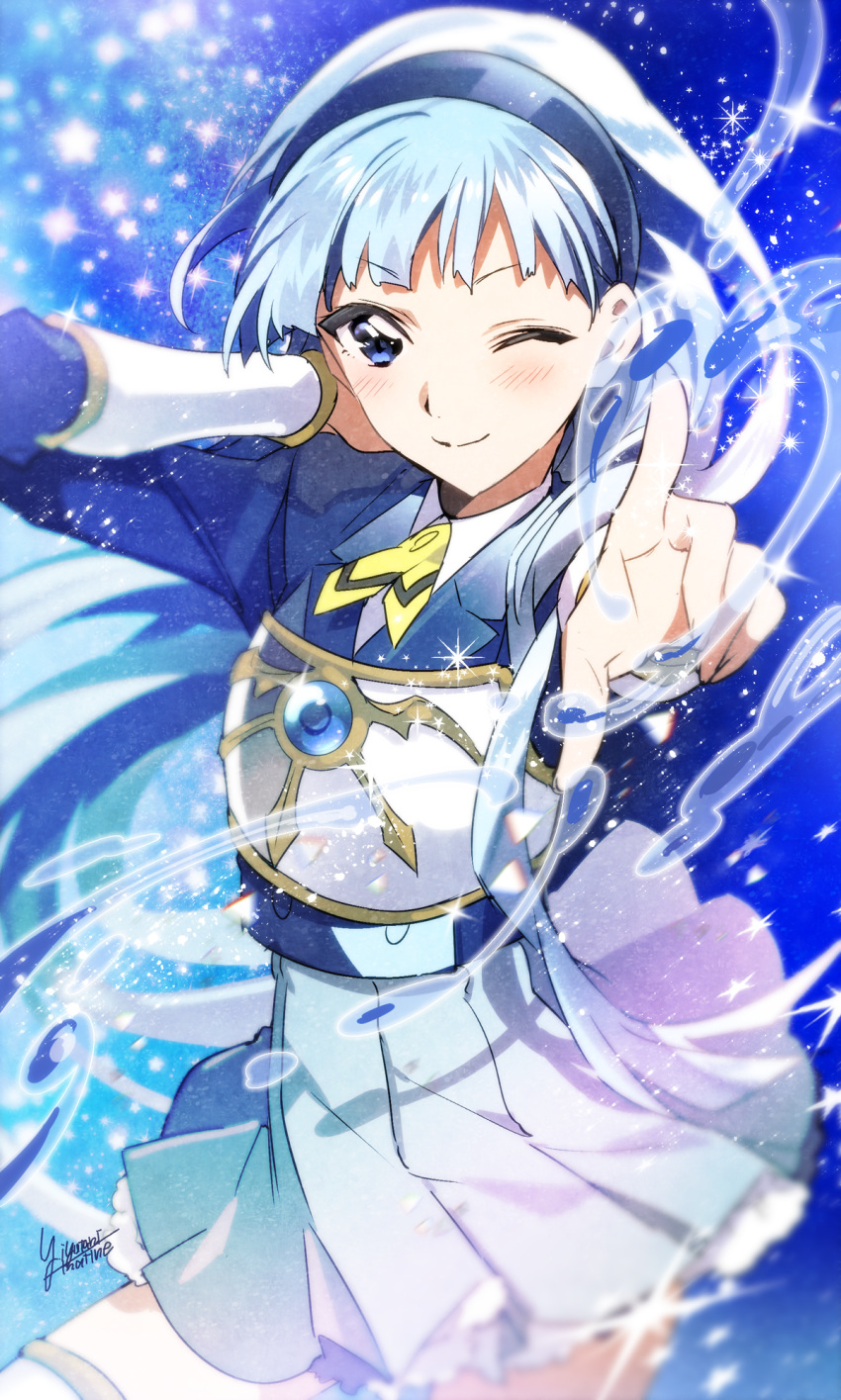 1girl, armor, armored_dress, bangs, blue, blue_background, blue_eyes, blue_hair