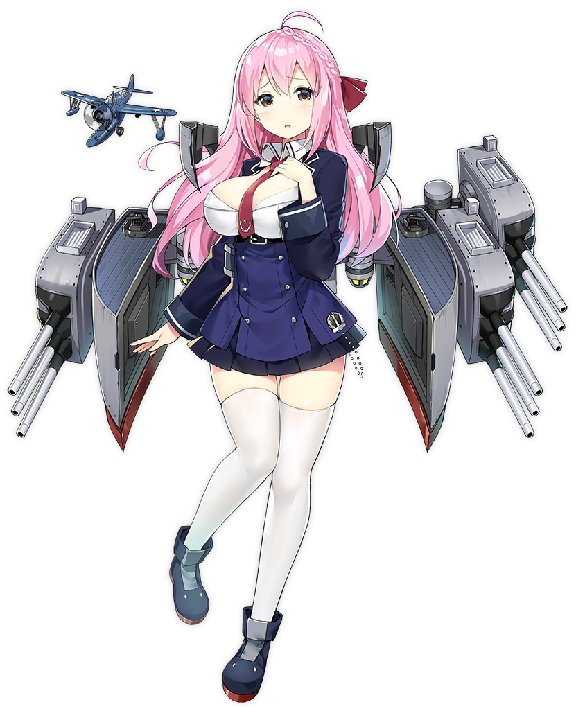 1girl, ahoge, anchor_symbol, azur_lane, braid, breasts, brown_eyes, cannon