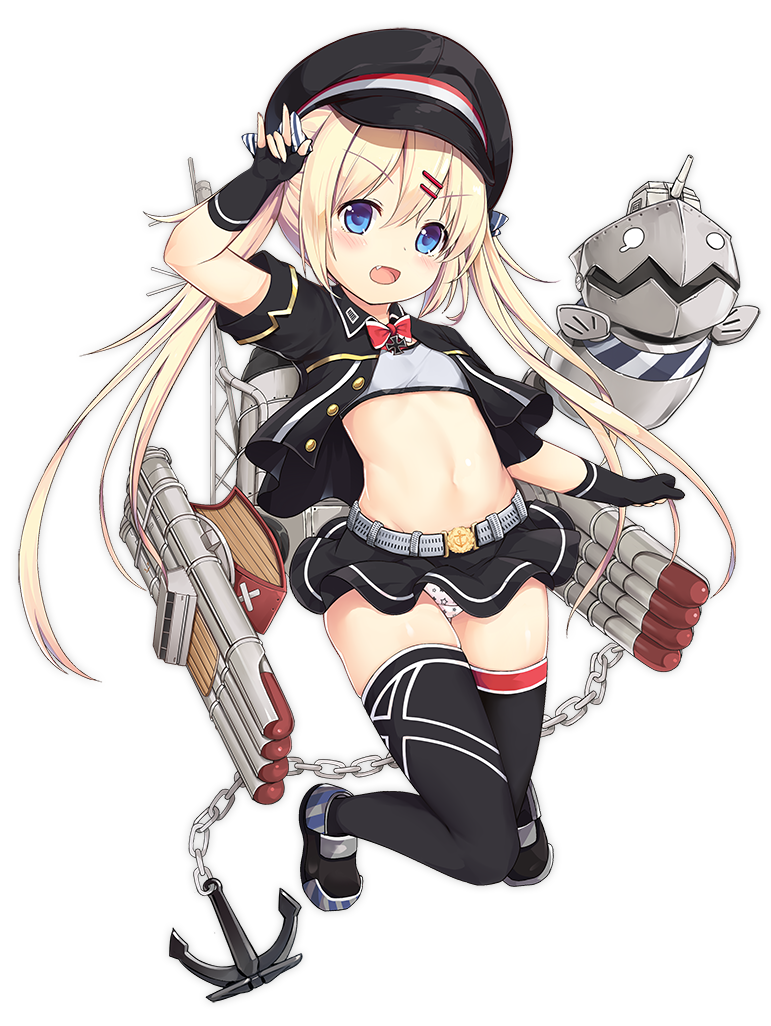 1girl, :d, \m/, anchor, arm_up, azur_lane, bangs, black_footwear, black_gloves, black_hat, black_jacket, black_legwear, black_skirt, blonde_hair, blue_eyes, blush, bra, chains, elbow_gloves, eyebrows_visible_through_hair, fang, fingerless_gloves, full_body, gloves, grey_bra, hair_between_eyes, hair_ornament, hairclip, hat, jacket, long_hair, military_hat, military_jacket, navel, official_art, open_clothes, open_jacket, open_mouth, panties, pantyshot, peaked_cap, pleated_skirt, print_panties, sakuraba_hikaru_(loveindog), shoes, skirt, smile, solo, star_panties, thigh-highs, torpedo, training_bra, transparent_background, twintails, underwear, v-shaped_eyebrows, very_long_hair, white_panties, z18_(azur_lane)