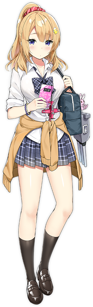 1girl, astoria_(azur_lane), azur_lane, bag, bag_charm, black_legwear, blonde_hair, blush, bracelet, breasts, cardigan, cellphone, cellphone_charm, charm_(object), clothes_around_waist, full_body, gyaru, hair_ornament, hair_scrunchie, holding, holding_phone, jewelry, kogal, large_breasts, loafers, long_hair, looking_at_viewer, nail_polish, official_art, phone, plaid, plaid_skirt, ponytail, red_scrunchie, school_bag, school_uniform, scrunchie, shirt, shoes, skirt, sky_(freedom), sleeves_rolled_up, smartphone, socks, solo, sweater_around_waist, transparent_background, violet_eyes, white_shirt
