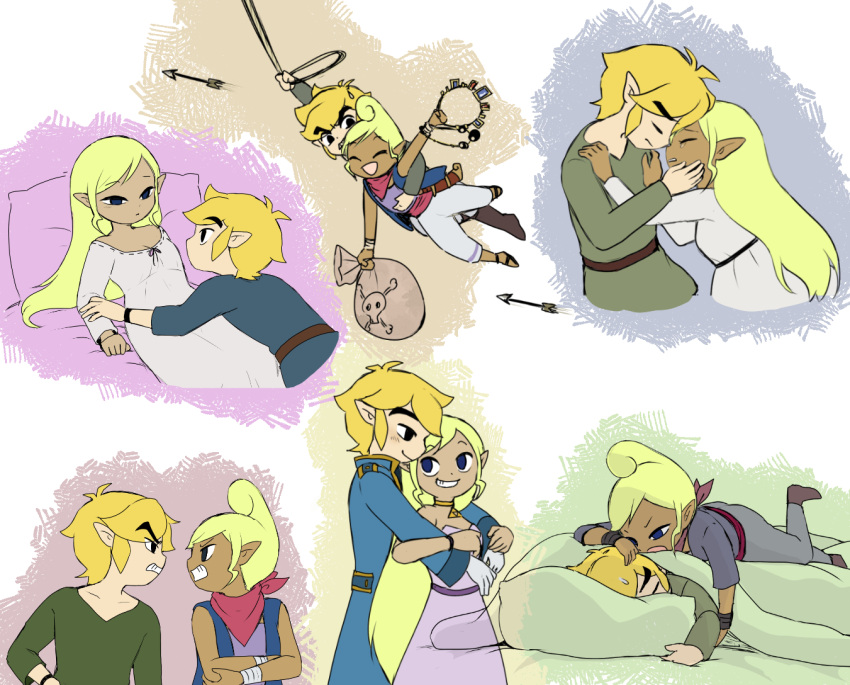 1boy, 1girl, arrow, bag, bandanna, bed_sheet, belt, black_eyes