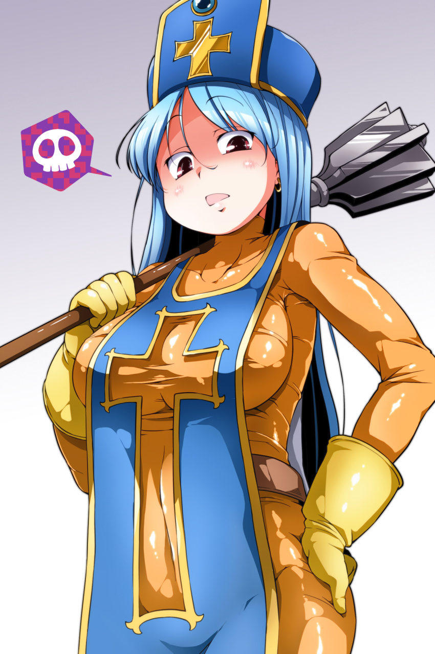 1girl, blue_hair, blue_hat, blush, bodysuit, breasts, covered_collarbone, covered_navel