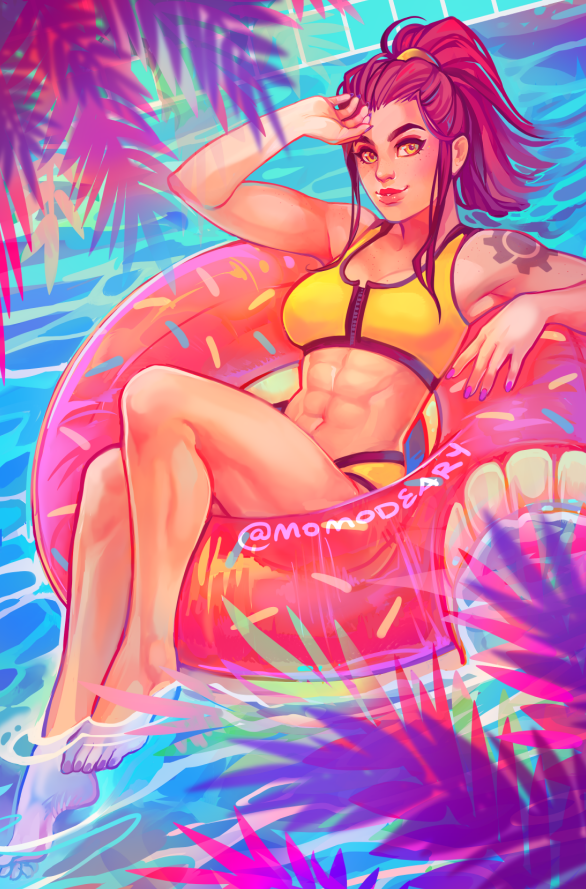 1girl, abs, barefoot, breasts, brigitte_(overwatch), brown_eyes, brown_hair, floating