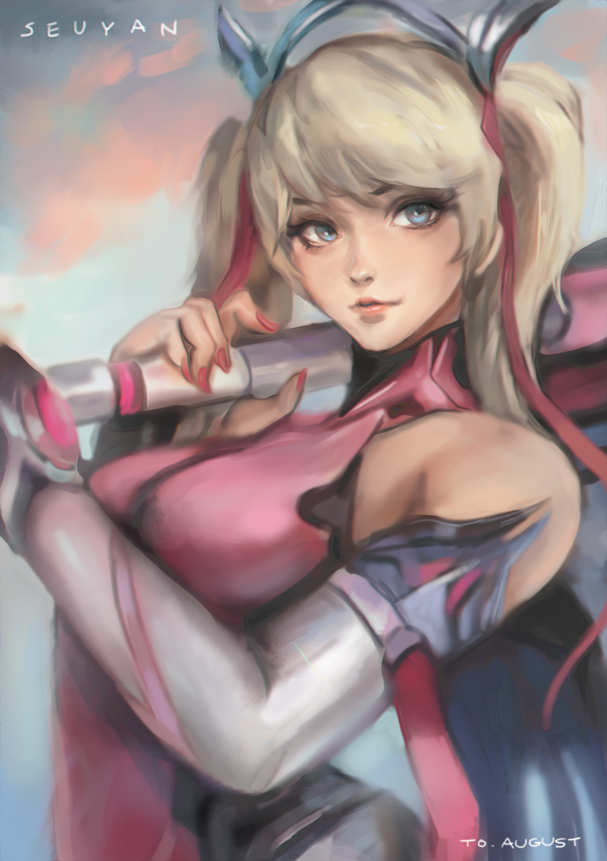 1girl, absurdres, alternate_costume, alternate_hairstyle, bare_shoulders, blonde_hair, blue_eyes, breasts