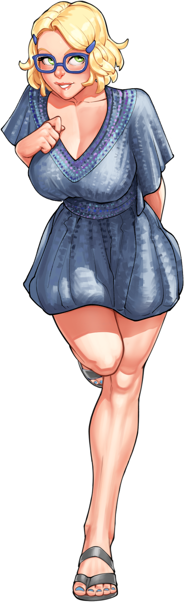 1girl, bangs, bbc-chan, blonde_hair, blue-framed_eyewear, blue_dress, breasts, buck_teeth