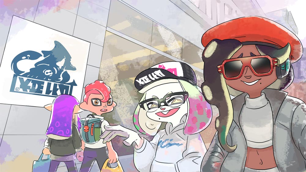 1boy, 3girls, alpha_gamboa, backpack, bag, baseball_cap, beret, casual