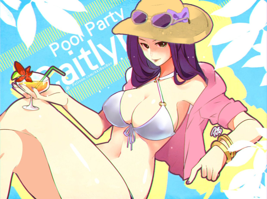 1girl, aa2233a, alternate_costume, alternate_hair_color, artist_name, bangle, bikini, bracelet, breasts, brown_eyes, caitlyn_(league_of_legends), character_name, cleavage, cocktail_glass, cup, drinking_glass, drinking_straw, english, erect_nipples, eyewear_on_hat, hat, jewelry, knees_up, league_of_legends, legs_crossed, lime_slice, long_hair, looking_at_viewer, medium_hair, nail_polish, navel, pool_party_caitlyn, purple_hair, purple_nails, sitting, solo, sun_hat, swimsuit, watermark, web_address