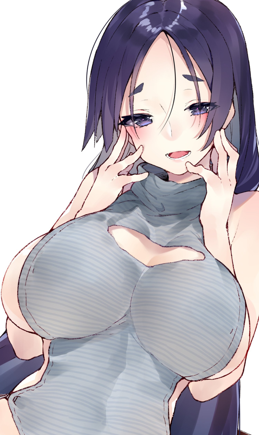 1girl, absurdres, alternate_costume, bangs, bare_shoulders, blush, breasts, cleavage_cutout, commentary_request, covered_navel, fate/grand_order, fate_(series), hands_on_own_cheeks, hands_on_own_face, highres, huge_breasts, kou_mashiro, leotard, long_hair, minamoto_no_raikou_(fate/grand_order), open_mouth, parted_bangs, purple_hair, striped_leotard, very_long_hair, violet_eyes