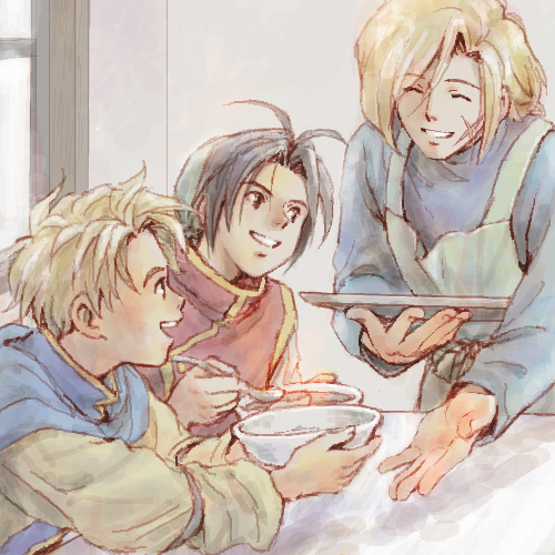 3boys, antenna_hair, apron, bandanna, black_hair, bowl, brown_hair, chinese_clothes
