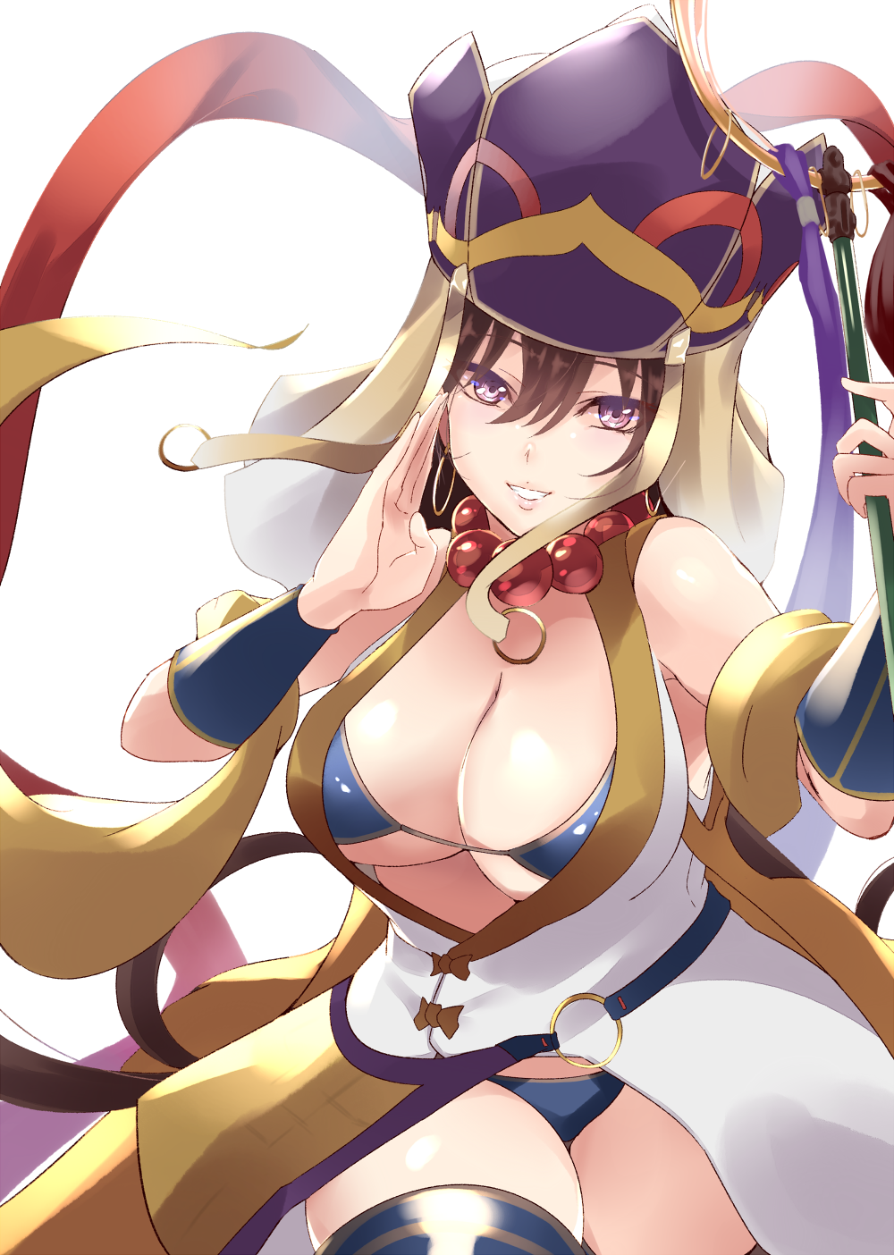 1girl, bare_shoulders, beads, bikini, bikini_top, blue_bikini, blue_legwear, breasts