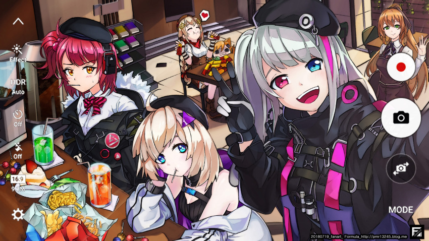 6+girls, aa-12_(girls_frontline), beret, blonde_hair, blue_eyes, brown_hair, cake, candy