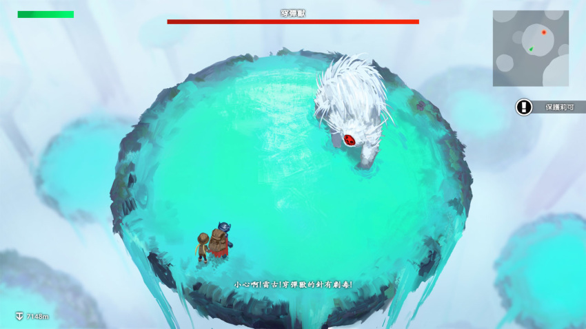 1boy, 1girl, backpack, bag, blonde_hair, cape, chinese, fake_screenshot, from_above, gameplay_mechanics, hat, health_bar, helmet, horned_headwear, horned_helmet, made_in_abyss, minimap, pond, red_cape, regu_(made_in_abyss), riko_(made_in_abyss), shen_yh, short_twintails, tamaugachi, translation_request, twintails, user_interface, water, waterfall