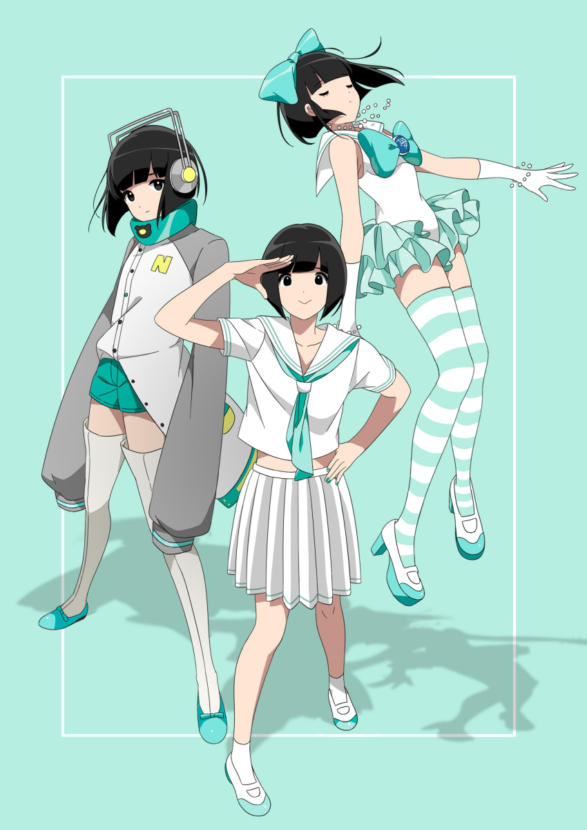 3girls, absurdres, aqua_background, black_eyes, black_hair, bow, chamooi, closed_eyes, closed_mouth, dempagumi, gem, green_nails, hand_on_hip, headphones, highres, jacket, jewelry, letterman_jacket, magical_girl, multiple_girls, multiple_persona, nail_polish, neckerchief, necklace, oversized_clothes, pearl_necklace, pleated_skirt, salute, school_uniform, serafuku, shoes, shorts, skirt, thigh-highs, vocaloid, yumemi_nemu_(dempagumi), yumemi_nemu_(vocaloid)