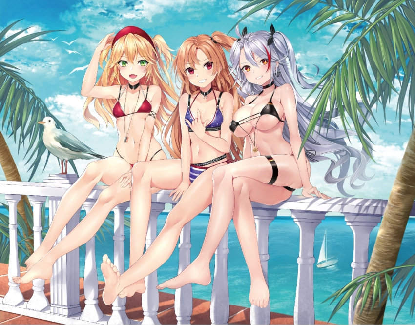 3girls, admiral_hipper_(azur_lane), ahoge, antenna_hair, armpit_crease, ass, azur_lane, bangs, barefoot, bikini, bird, black_bikini, black_ribbon, blonde_hair, blue_sky, blush, boat, breasts, brown_eyes, character_name, choker, cleavage, cleveland_(azur_lane), clothes_writing, clouds, collarbone, cross, cross_earrings, day, earrings, eyebrows_visible_through_hair, flag_print, german_flag_bikini, green_eyes, hair_between_eyes, hair_ornament, hair_ribbon, hand_on_headwear, hat, headgear, highleg, highleg_bikini, iron_cross, jewelry, komazuki_(komaworks240), large_breasts, legs_crossed, long_hair, looking_at_viewer, mole, multicolored_hair, multiple_girls, navel, ocean, on_railing, one_side_up, open_mouth, outdoors, palm_tree, parted_bangs, parted_lips, prinz_eugen_(azur_lane), red_eyes, redhead, ribbon, seagull, shiny, shiny_skin, sidelocks, silver_hair, sitting, skindentation, sky, small_breasts, smile, stomach, streaked_hair, swept_bangs, swimsuit, thigh_strap, thighs, tree, two_side_up, very_long_hair, watercraft, whistle, yacht