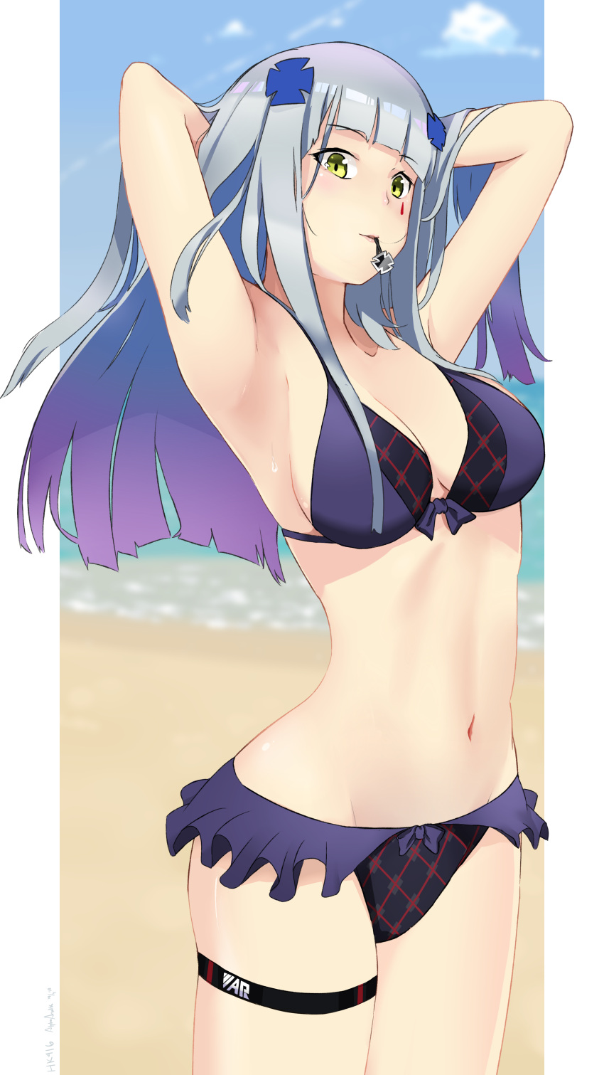 1girl, absurdres, alphaarietis, alternate_costume, armpits, arms_behind_head, bangs, beach, bikini, blue_sky, blunt_bangs, blush, breasts, character_name, cleavage, clouds, dated, eyebrows_visible_through_hair, facial_mark, frilled_bikini, frills, girls_frontline, green_eyes, groin, hair_ornament, hair_tie_in_mouth, highres, hk416_(girls_frontline), long_hair, looking_at_viewer, medium_breasts, mouth_hold, navel, sand, sidelocks, signature, silver_hair, sky, solo, stomach, swimsuit, teardrop, thigh_strap, tying_hair, very_long_hair, wet