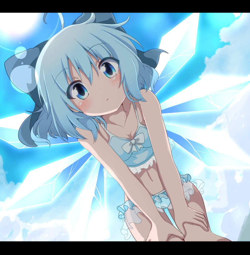 1girl, ahoge, bikini, blue_bikini, blue_bow, blue_eyes, blue_hair, blue_sky