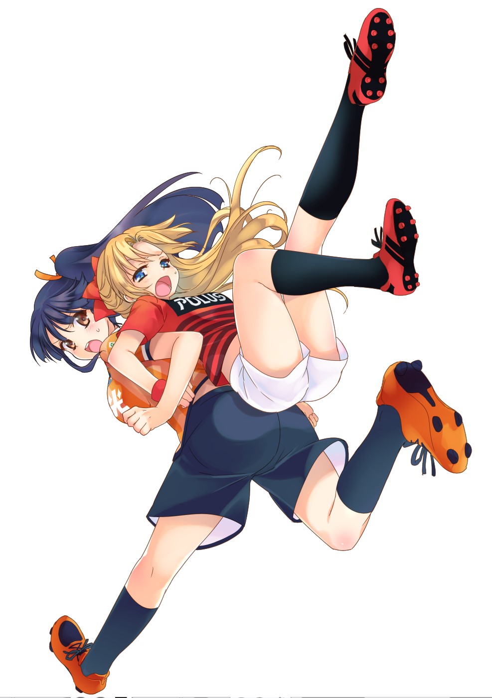 2girls, blonde_hair, blue_eyes, blue_hair, blue_shorts, brown_eyes, cleats, colored_pencil_(medium), commentary_request, graphite_(medium), hair_ribbon, highres, jersey, malino_(dream_maker), mechanical_pencil, multiple_girls, omiya_ardija, open_mouth, orange_ribbon, original, pencil, red_ribbon, ribbon, shorts, soccer_uniform, socks, sportswear, traditional_media, urawa_red_diamonds, white_background, white_shorts
