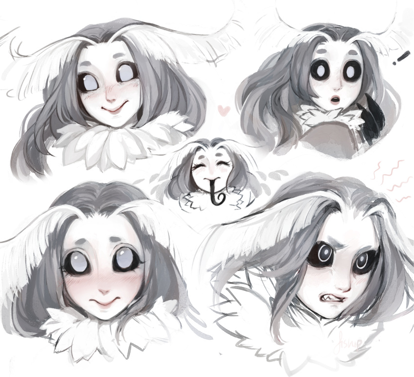!, 1girl, ^_^, angry, antennae, black_sclera, black_tongue, blush, clenched_teeth, closed_eyes, closed_eyes, expressions, fur_collar, grey_eyes, grey_hair, heart, highres, long_hair, long_tongue, matilda_vin, monster_girl, moth_girl, multiple_views, no_pupils, open_mouth, original, simple_background, smile, teeth, tongue, white_background