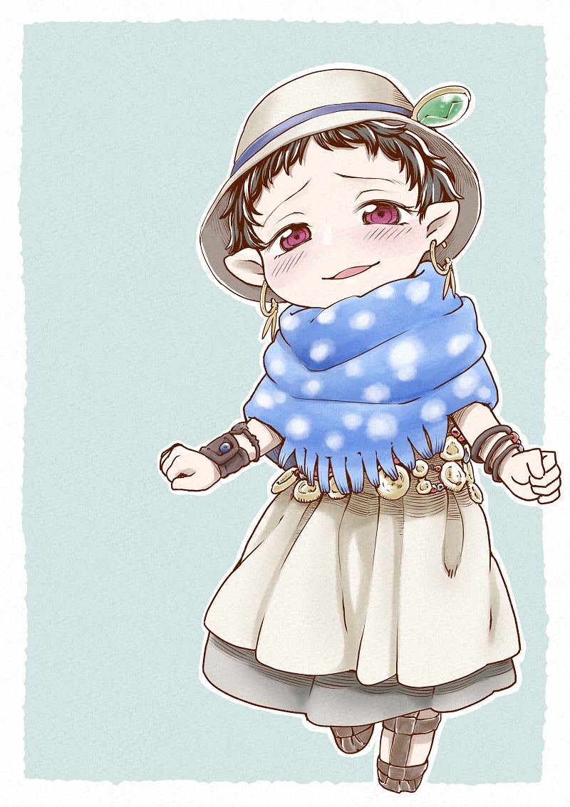 1girl, blue_background, blue_scarf, blush, bracelet, brown_hair, commentary, earrings, full_body, hakumei_to_mikochi, hat, hat_ornament, jada_(hakumei_to_mikochi), jewelry, looking_at_viewer, pointy_ears, poronegi, sandals, scarf, short_hair, simple_background, skirt, smile, solo, standing, white_skirt, wristband