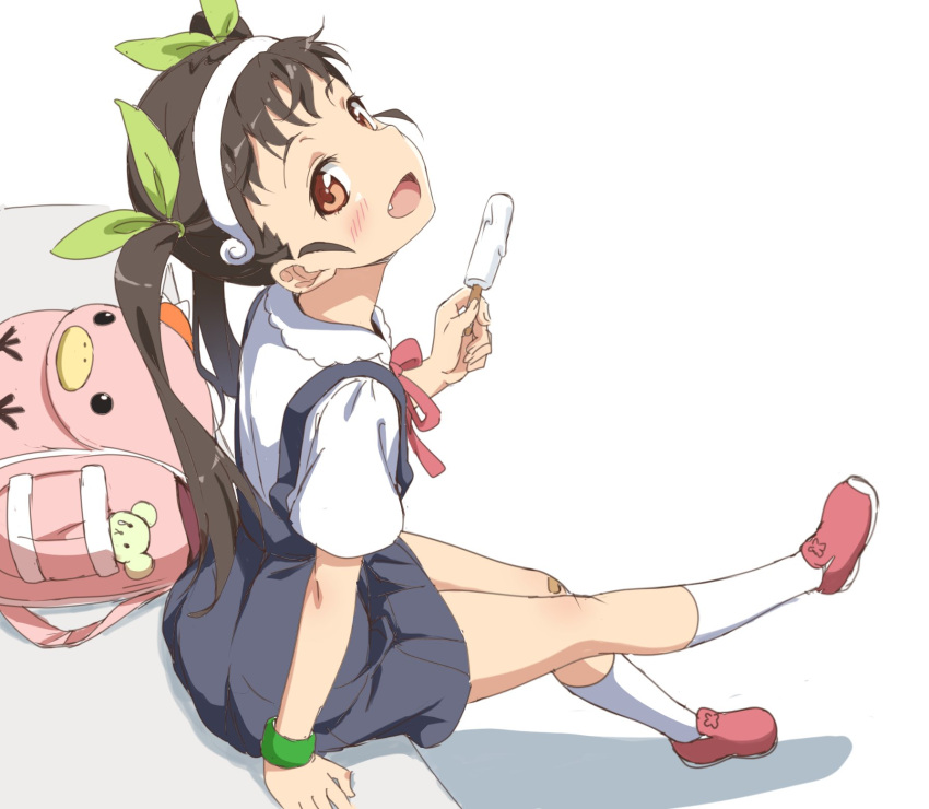 1girl, backpack, backpack_removed, bag, bakemonogatari, bandaid, bandaid_on_knee, blue_dress