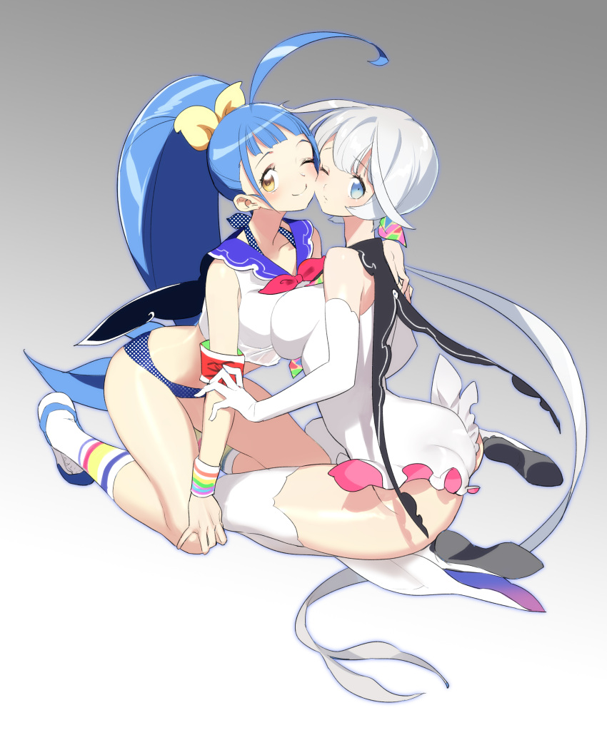 2girls, ;), absurdres, ahoge, armband, ass, asymmetrical_docking, bare_shoulders