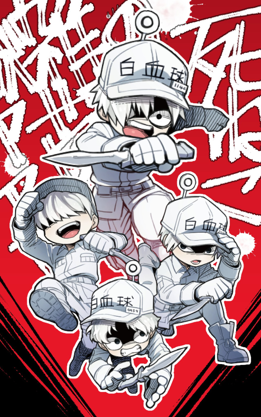 4boys, angry, belt, chibi, combat_knife, gloves, hair_over_eyes, hair_over_one_eye