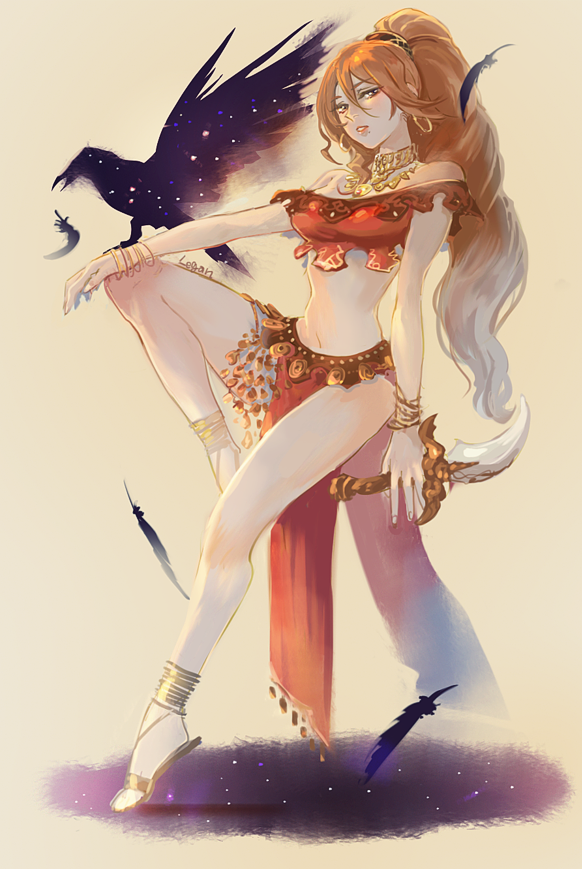 1boy, 1girl, anklet, armlet, armpits, bracelet, breasts, brown_hair, circlet, dancer, e_f_regan826, earrings, full_body, harem_outfit, jewelry, knife, long_hair, looking_at_viewer, midriff, navel, necklace, octopath_traveler, primrose_azelhart, simple_background, solo, weapon