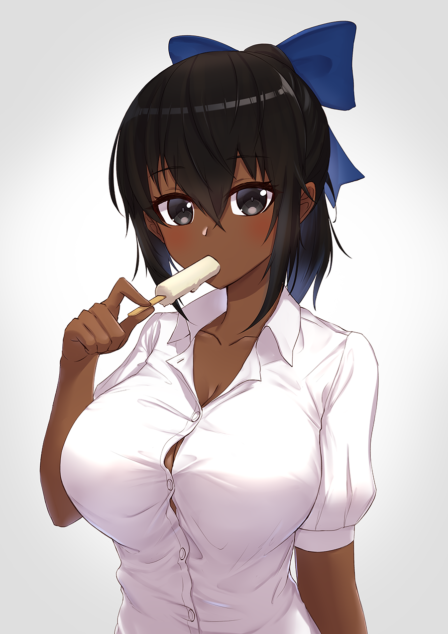 1girl, arm_at_side, bangs, black_eyes, black_hair, bow, breasts, cleavage
