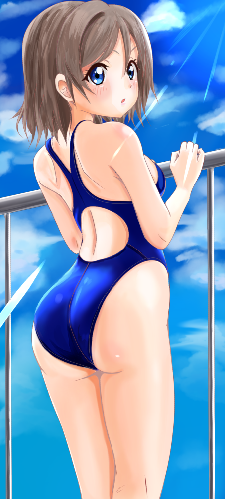 1girl, ass, blue_eyes, blue_sky, blue_swimsuit, clouds, competition_swimsuit, day