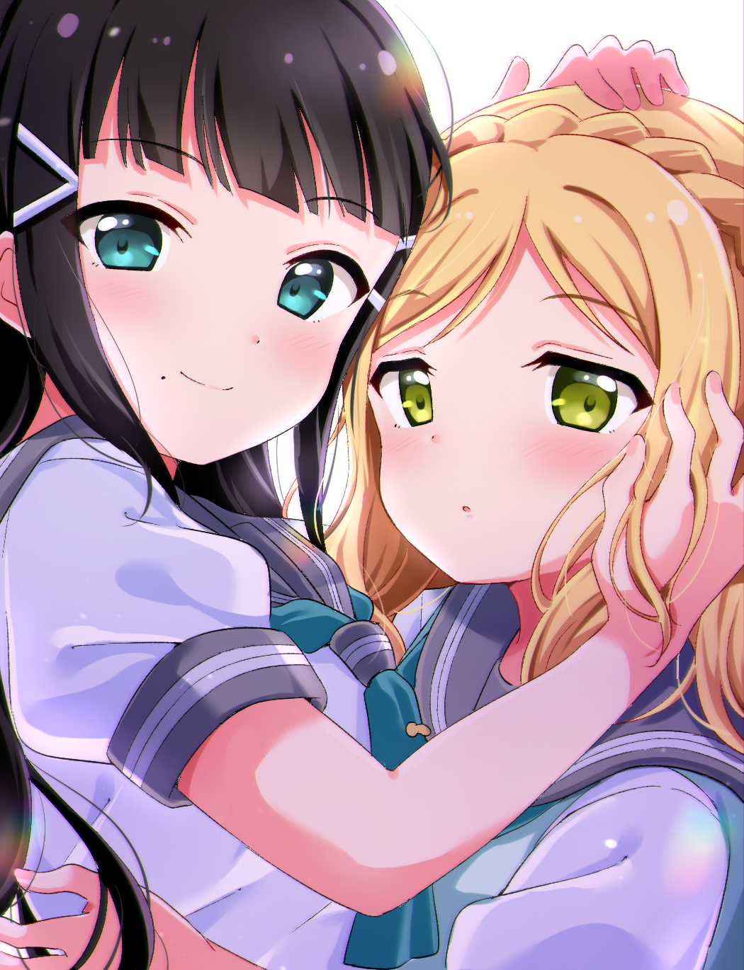 2girls, :o, aqua_neckwear, bangs, black_hair, blonde_hair, blue_eyes, blush