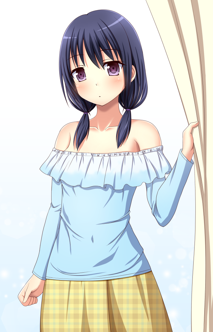 1girl, bangs, bare_shoulders, blue_hair, blue_shirt, blush, closed_mouth, collarbone