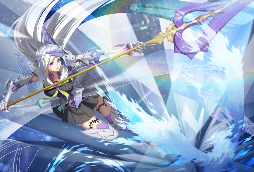 1girl, abstract_background, armor, armored_dress, black_skirt, blue_background, brynhildr_(fate), brynhildr_romantia