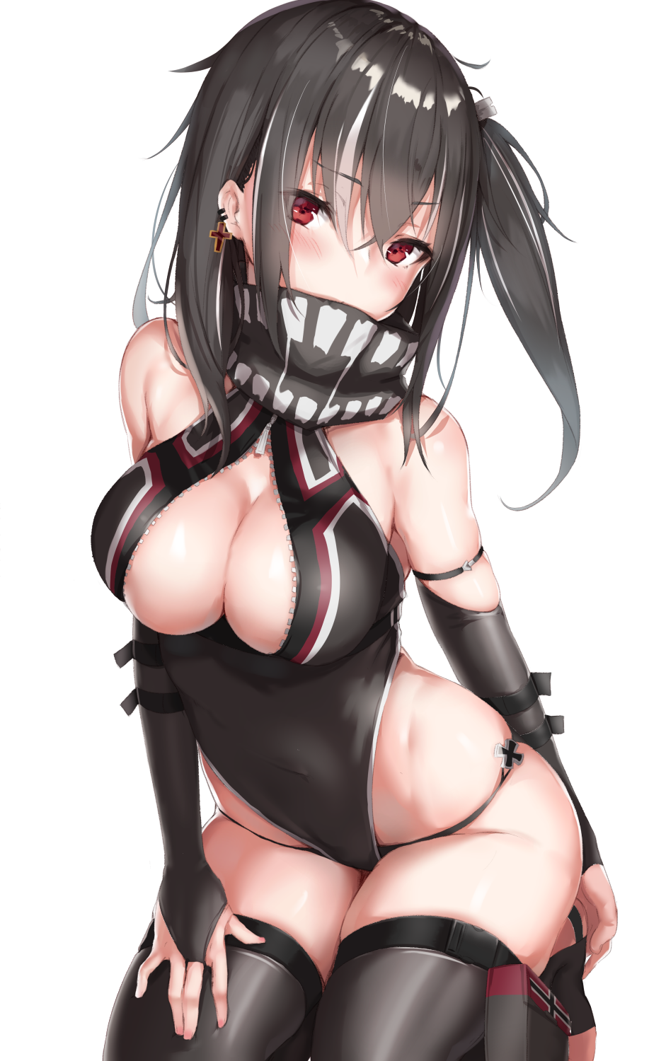 1girl, azur_lane, bangs, black_hair, black_legwear, blush, breasts, center_opening