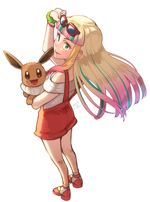 1girl, blonde_hair, blush, breasts, eevee, full_body, green_eyes, jandara_rin