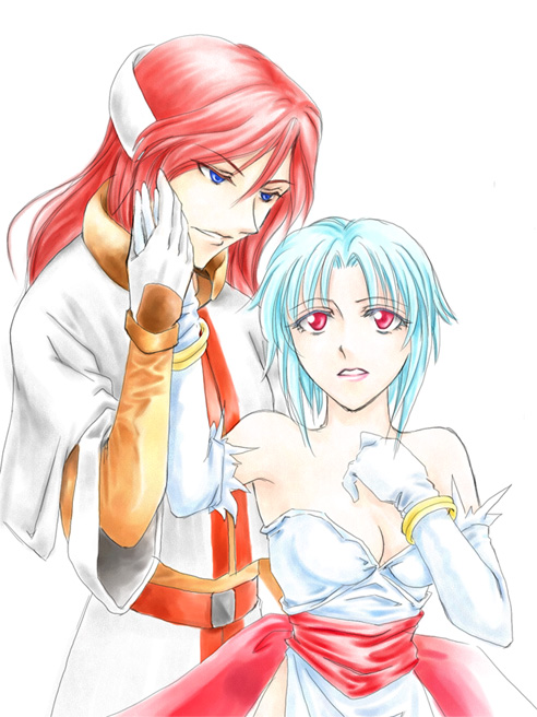 1boy, 1girl, blue_hair, breasts, bridal_gauntlets, cleavage, commentary_request, dress