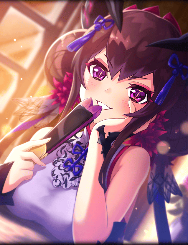 1girl, alternate_costume, artist_request, bashosen, blush, brown_hair, china_dress, chinese_clothes, dress, eyebrows_visible_through_hair, fan, grin, hair_between_eyes, hair_ornament, hand_on_own_cheek, holding, holding_fan, horns, official_art, paper_fan, phantom_of_the_kill, smile, violet_eyes, window