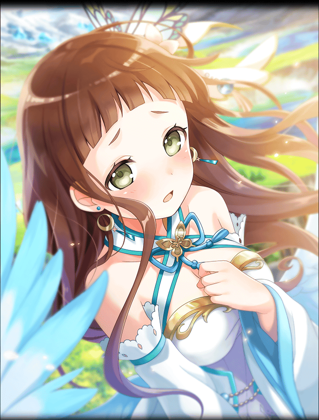 1girl, alternate_costume, amenonuhoko_(phantom_of_the_kill), artist_request, blush, breasts, brown_hair, butterfly_hair_ornament, cleavage, crescent, crescent_earrings, detached_sleeves, dress, earrings, green_eyes, hair_ornament, hand_on_own_chest, jewelry, long_hair, medium_breasts, mountainous_horizon, official_art, open_mouth, phantom_of_the_kill, white_dress, wind