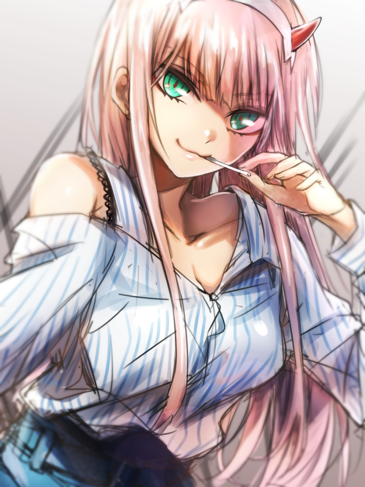 aqua_eyes, bare_shoulders, blue_dress, breasts, candy, cleavage, collarbone, darling_in_the_franxx