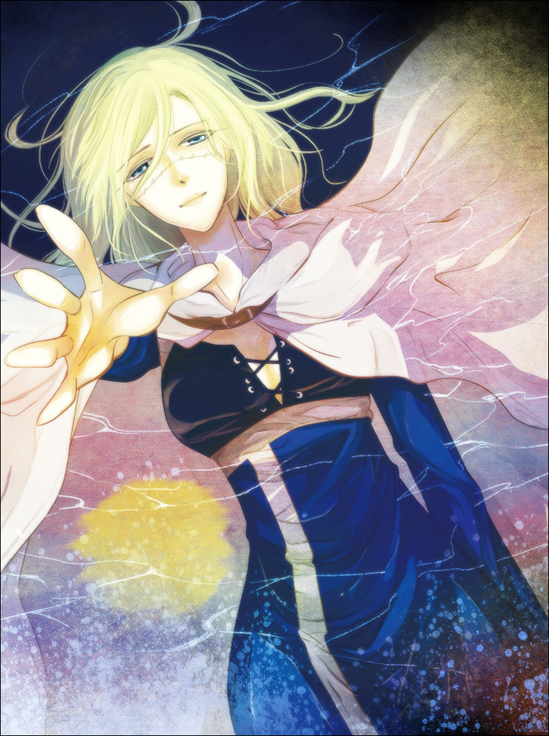 1girl, blonde_hair, breasts, cape, commentary_request, dress, elza, elza_(suikoden)