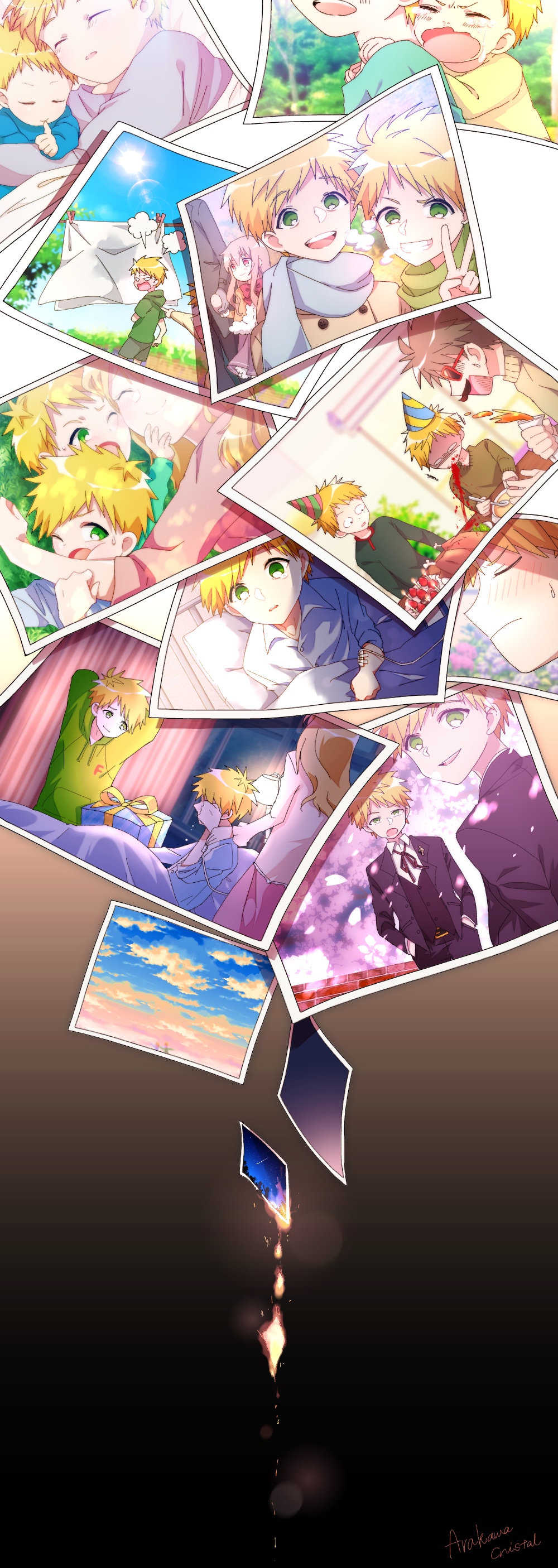1girl, 3boys, absurdres, age_progression, bed, blonde_hair, brothers, burning, child, family, father_and_son, fire, fugo_dressel, highres, higyaku_no_noel, hospital_bed, intravenous_drip, mother_and_son, multiple_boys, necktie, oscar_dressel, photo_(object), short_hair, siblings, tears, younger