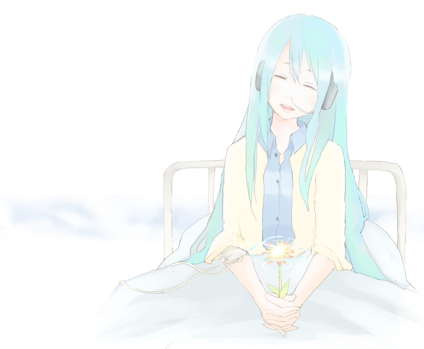 alternate_hairstyle, bed, blue_hair, closed_eyes, flower, hair_down, hatsune_miku, headphones, highres, hospital_bed, long_hair, shiningray_(vocaloid), sick, smile, solo, tansuke, vocaloid