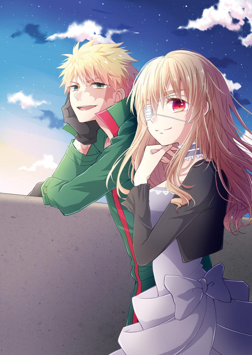 1boy, 1girl, absurdres, bangs, black_dress, black_jacket, black_neckwear, blonde_hair, blue_sky, burn_scar, choker, dress, eyepatch, fugo_dressel, gloves, green_eyes, highres, higyaku_no_noel, hood, jacket, long_hair, long_sleeves, medical_eyepatch, noel_cerquetti, red_eyes, scar, scar_across_eye, sky, smile