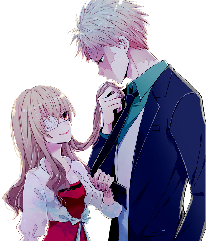 1boy, 1girl, bangs, blonde_hair, burn_scar, choker, dress, eyepatch