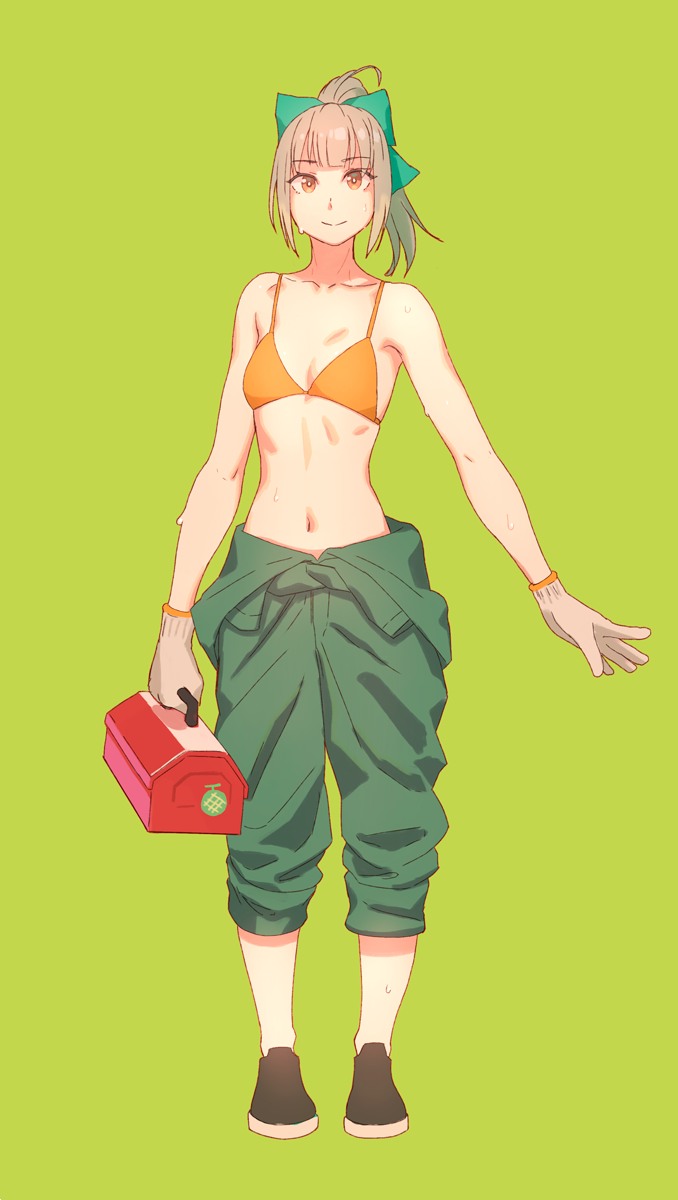 1girl, bikini, bow, collarbone, flat_chest, full_body, gloves, green_background
