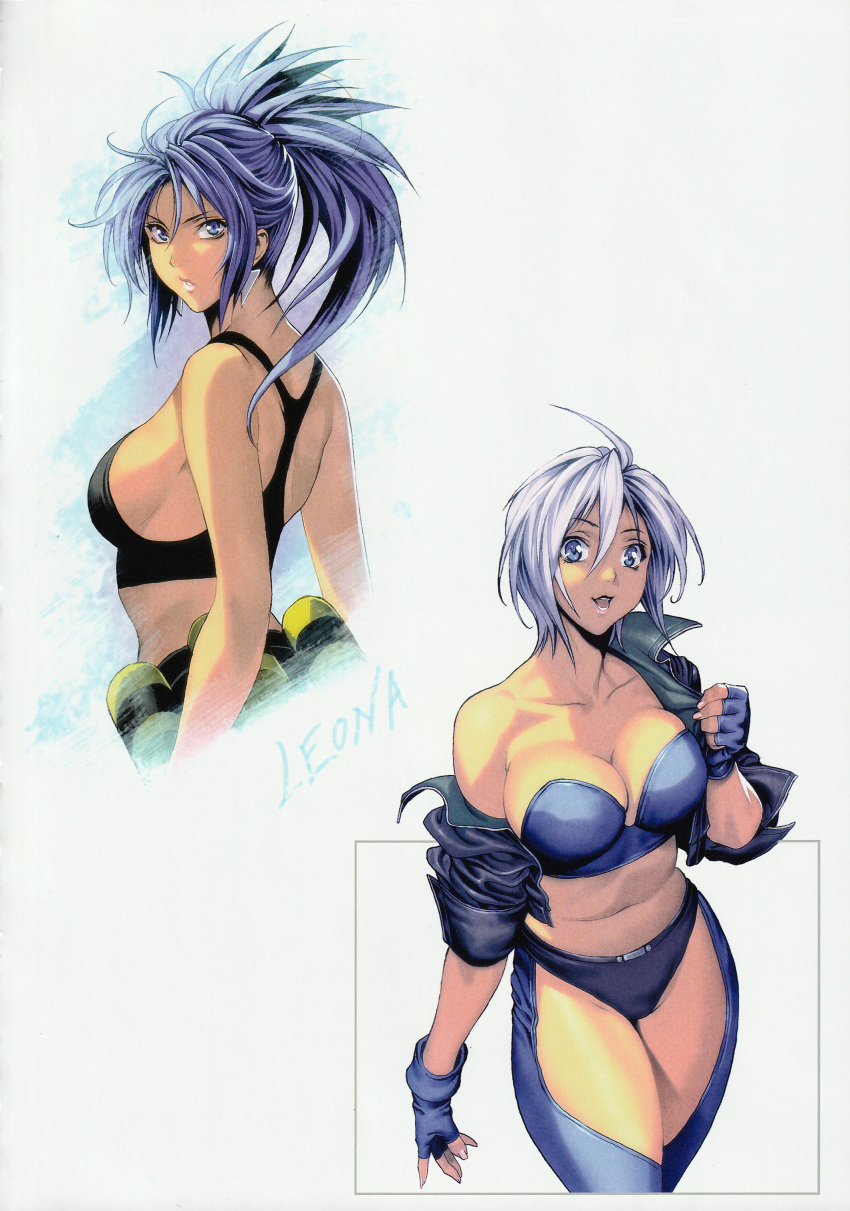 2girls, :d, absurdres, ahoge, angel_(kof), bandolier, bare_shoulders, blue_bra